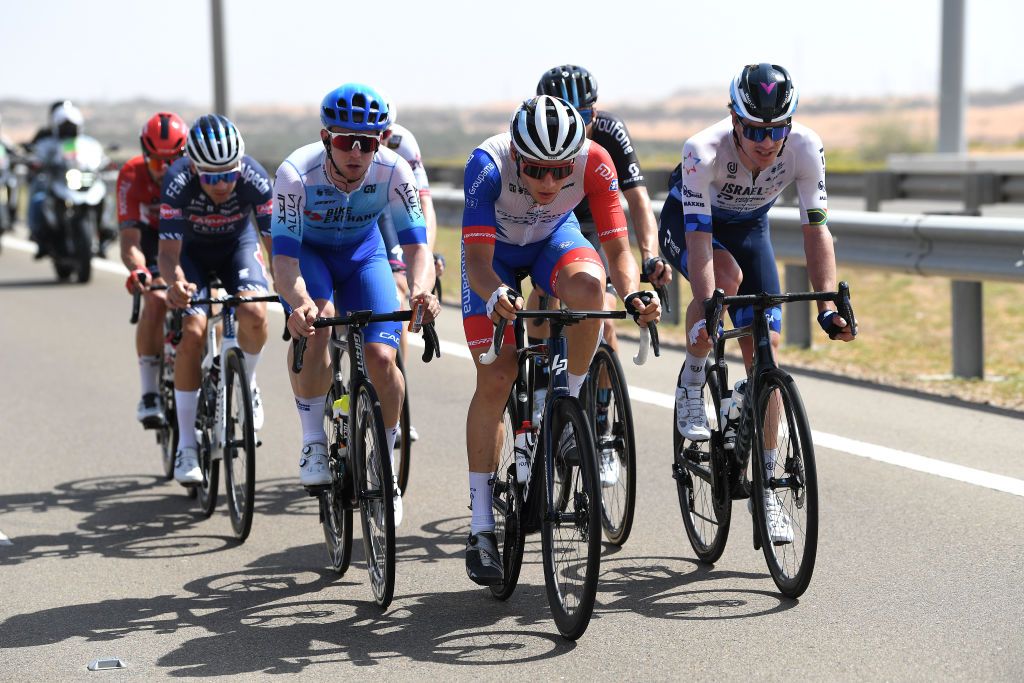 JEBEL HAFEET UNITED ARAB EMIRATES FEBRUARY 26 LR Sam Bewley of New Zealand and Team Bikeexchange Jayco Clement Davy of France and Team Groupama FDJ and Daryl Impey of South Africa and Team Israel Premier Tech compete in the breakaway during the 4th UAE Tour 2022 Stage 7 a 148km stage from Al Jahili Fort to Jebel Hafeet 1025m UAETour WorldTour on February 26 2022 in Jebel Hafeet United Arab Emirates Photo by Tim de WaeleGetty Images