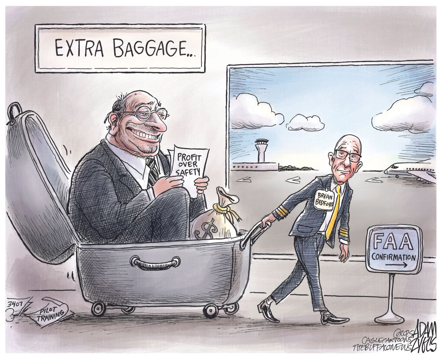 
                                This cartoon is titled “Extra Baggage” and is set inside an airport. It shows new FAA Administrator Bryan Bedford headed to his confirmation hearings while he drags a giant suitcase behind him. The suitcase holds a large bag of money and a man in a suit drawn to look like a fat-cat lobbyist. The lobbyist holds a paper that reads, “Profit over safety.&quot; There is a discarded piece of paper that reads “pilot training.”
                            