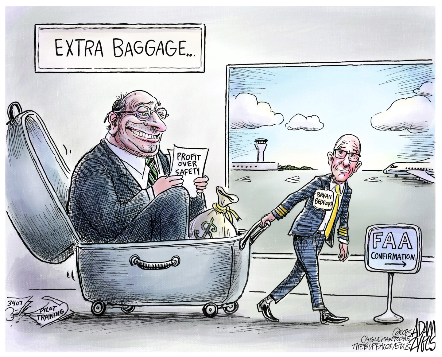 This cartoon is titled “Extra Baggage” and is set inside an airport. It shows new FAA Administrator Bryan Bedford headed to his confirmation hearings while he drags a giant suitcase behind him. The suitcase holds a large bag of money and a man in a suit drawn to look like a fat-cat lobbyist. The lobbyist holds a paper that reads, “Profit over safety." There is a discarded piece of paper that reads “pilot training.”