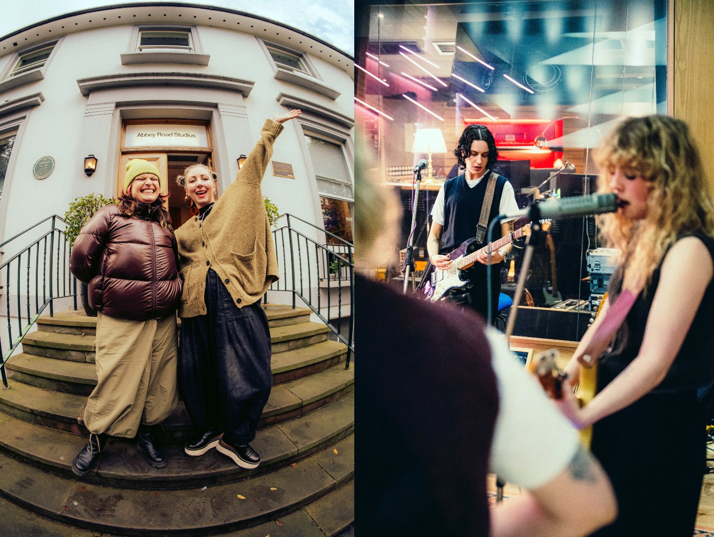 A split image showing Lau.ra and BKLAVA cheering on the steps of Abbey Road Studios, paired with a candid shot of Fiona Lee playing guitar and singing during a recording session in Studio 3.
