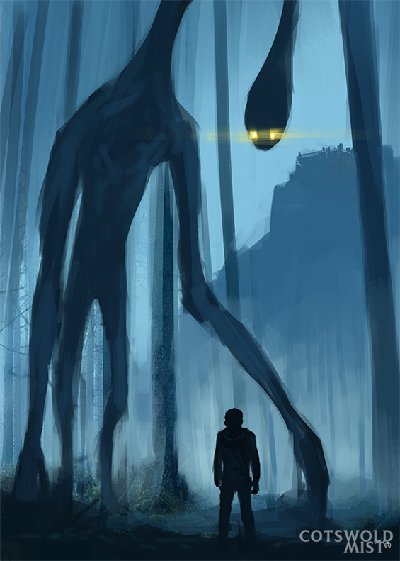 Cotswold Mist; a large monster looks down at a boy, they are stood in a misty wood