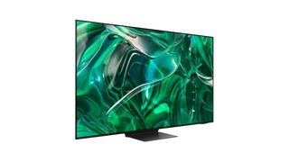 The Samsung S95C QD-OLED TV displaying an abstract green pattern
