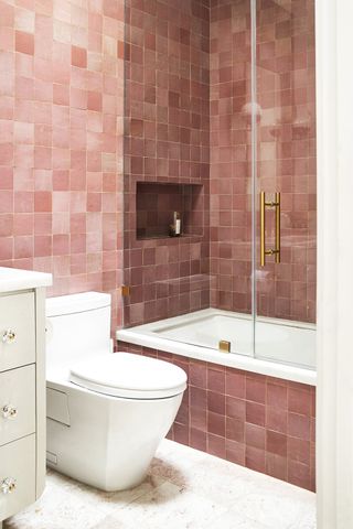 pink bathroom with glass shower screen