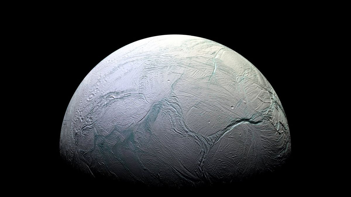 A view of Saturn&#039;s moon Enceladus taken by NASA&#039;s Cassini spacecraft.