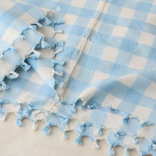 A white and baby blue tablecloth
