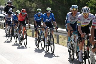 QUERALT SPAIN MARCH 23 LR Ivan Ramiro Sosa of Colombia and Enric Mas of Spain and Movistar Team compete in the breakaway during the 103rd Volta Ciclista a Catalunya 2024 Stage 6 a 1547km stage from Berga to Queralt 1119m UCIWT on March 23 2024 in Queralt Spain Photo by David RamosGetty Images