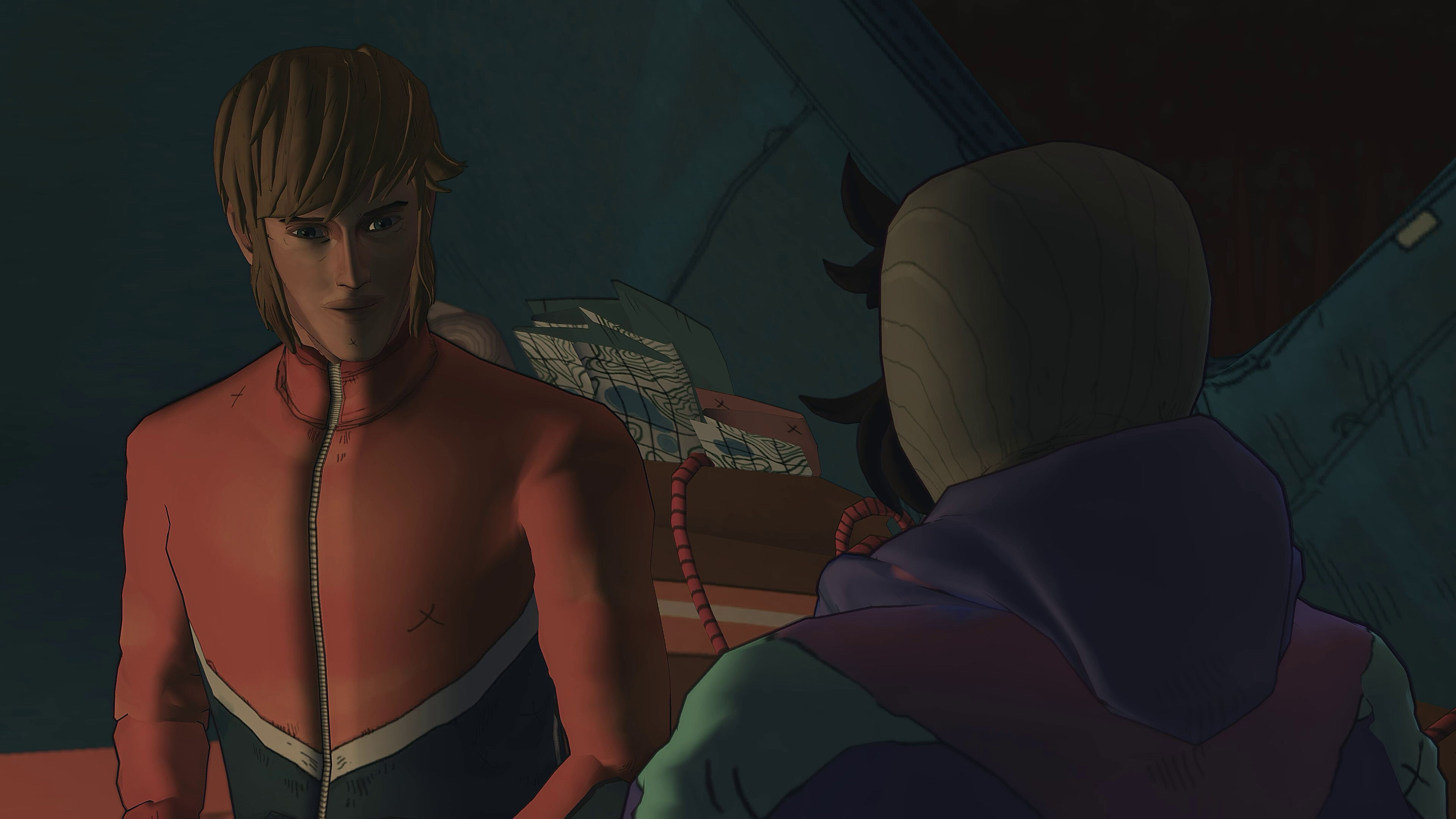 A screenshot from the climbing game Cairn showing the player character, mountains, and gear