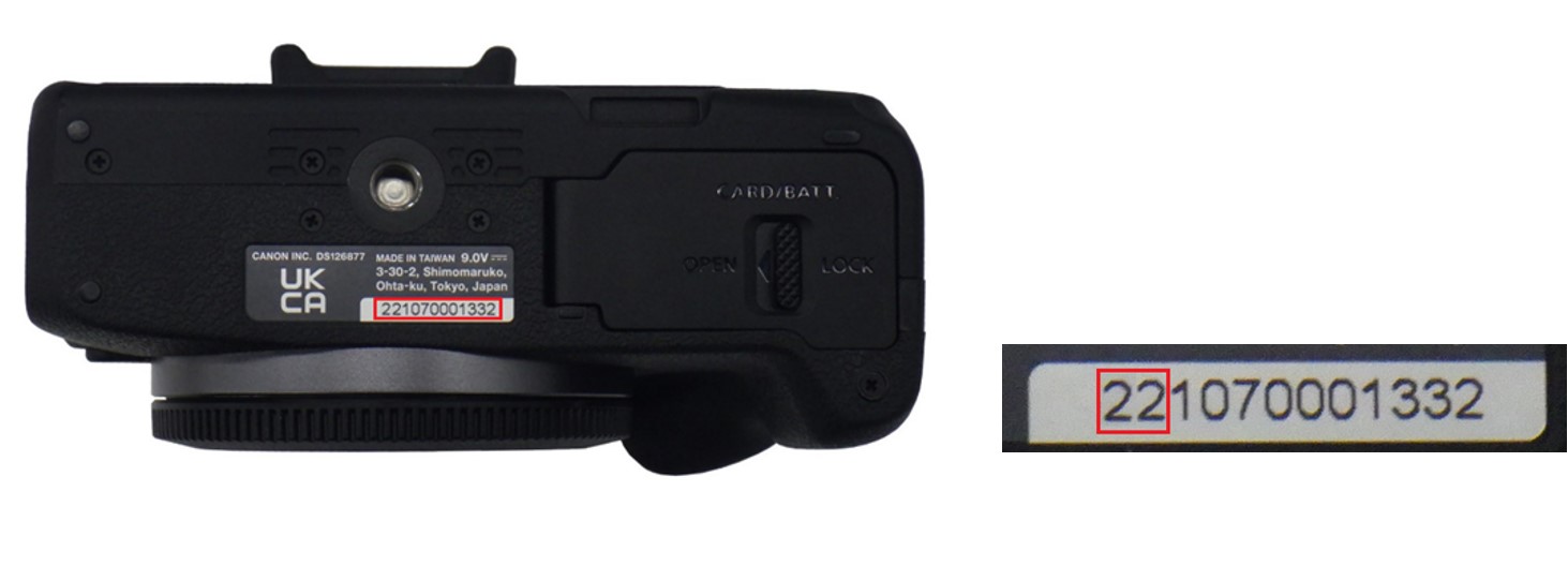 The underside of a Canon camera displays its model number, battery compartment, and manufacturing details, with a visible serial number
