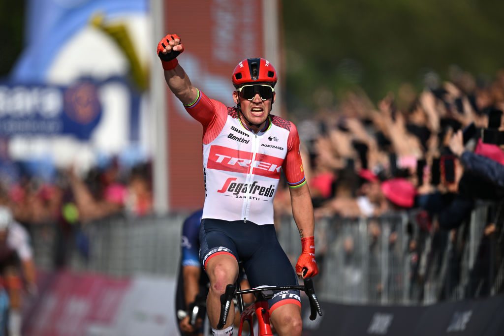 NAPLES ITALY MAY 11 Mads Pedersen of Denmark and Team Trek Segafredo celebrates at finish line as stage winner during the 106th Giro dItalia 2023 Stage 6 a 162km stage from Naples to Naples UCIWT on May 11 2023 in Naples Italy Photo by Stuart FranklinGetty Images