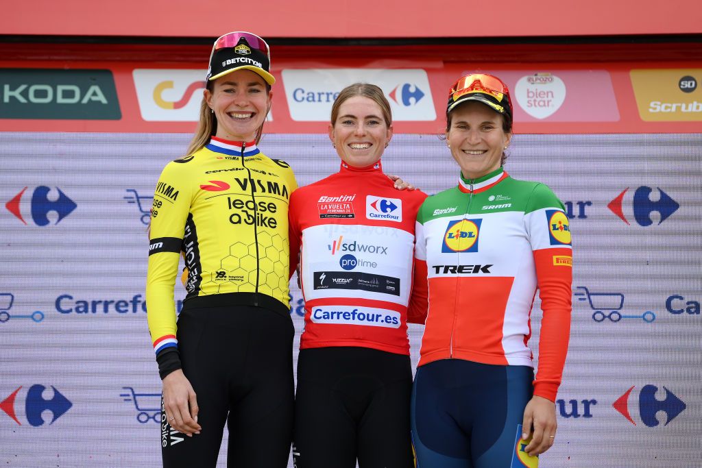 Demi Vollering takes centre stage on the La Vuelta Femenina podium