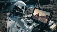 A 3D rendering astronaut using a laptop. Gameplay from the game Starfield has been superimposed onto the laptop screen.