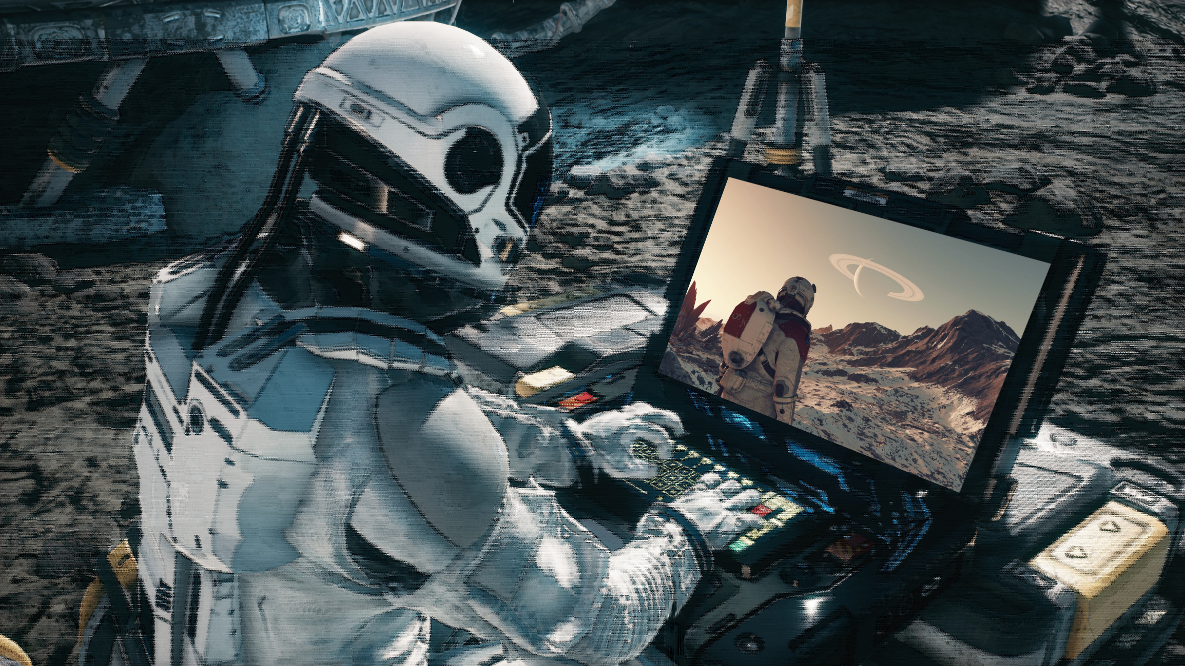 A 3D rendering astronaut using a laptop. Gameplay from the game Starfield has been superimposed onto the laptop screen.