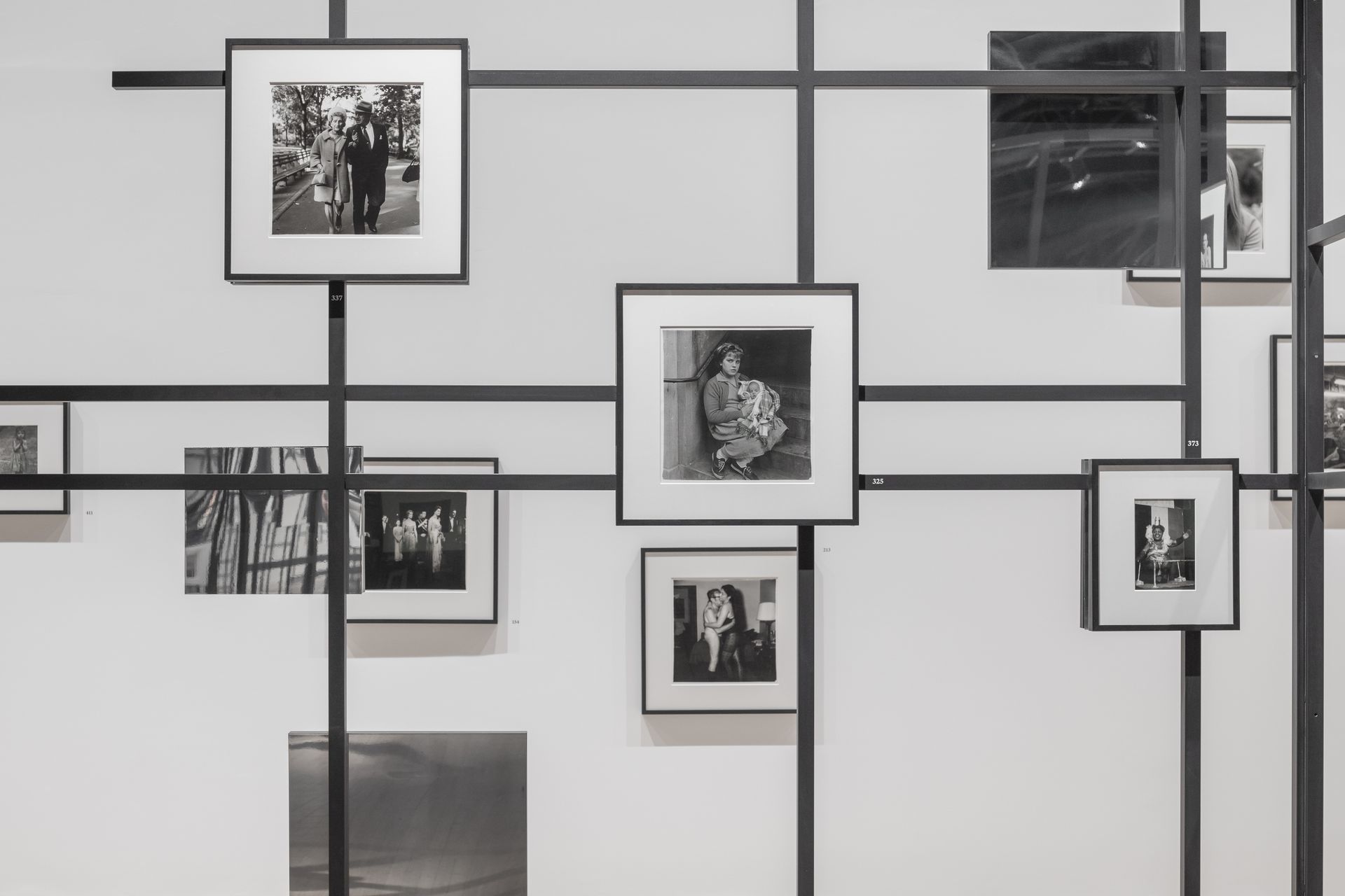 Black and white photographs on display