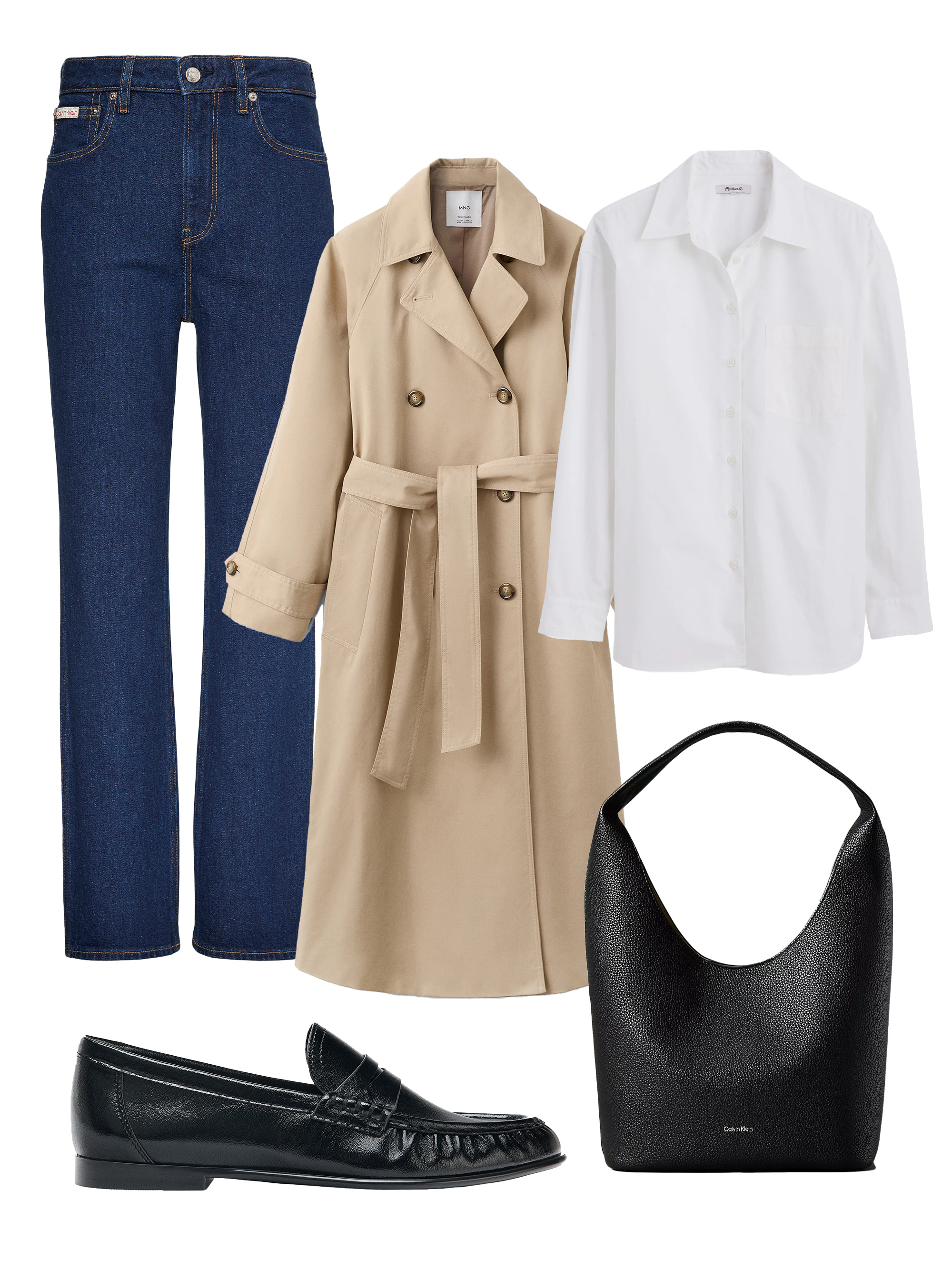 White shirt and trench coat with jeans