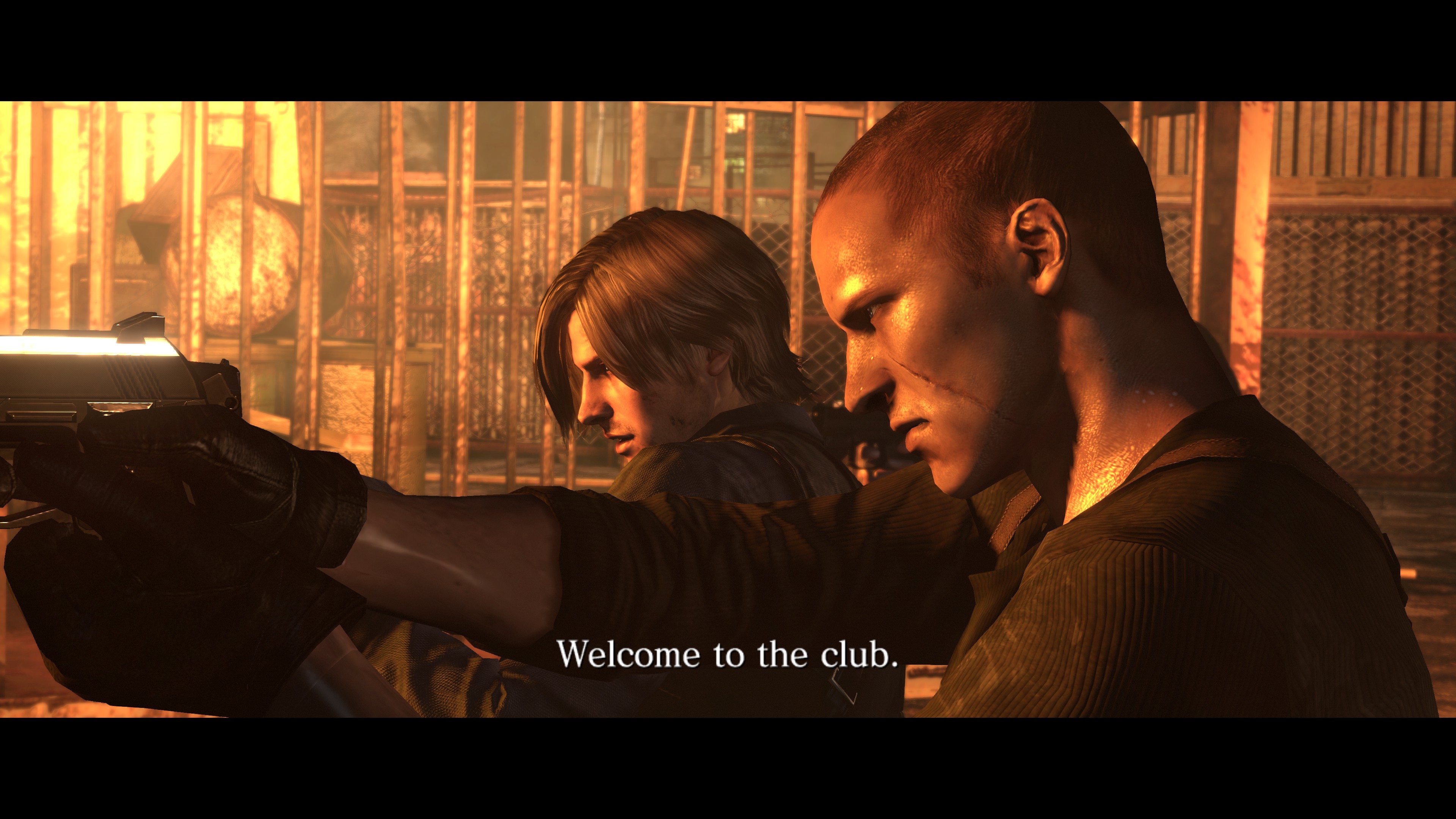 A character aiming a gun and saying "Welcome to the club"