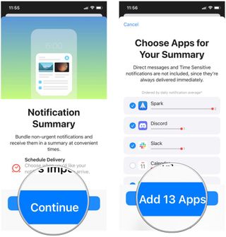 Set up Notification Summary on iPhone by showing: Once you tap the toggle to turn it on, tap Continue, select apps to get notifications in the summary, tap Add Apps