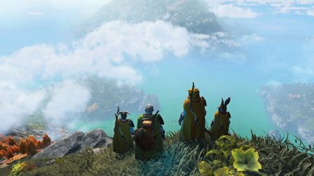 Light No Fire screenshot showing four players looking over a wide horizon after scaling a massive mountain