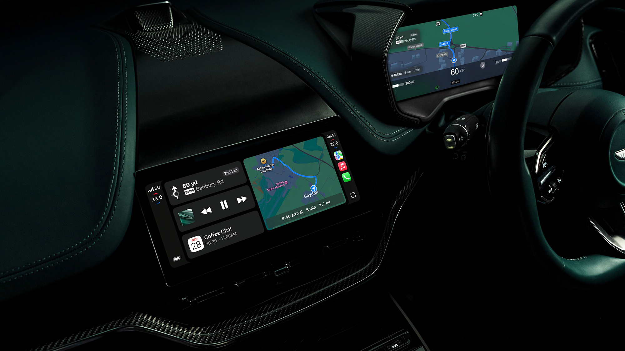 The interior of an Aston Martin car showing Apple CarPlay Ultra