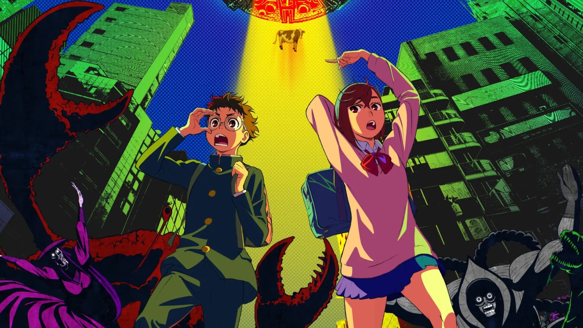 Okarun and Momo running from monsters while a cow gets abducted