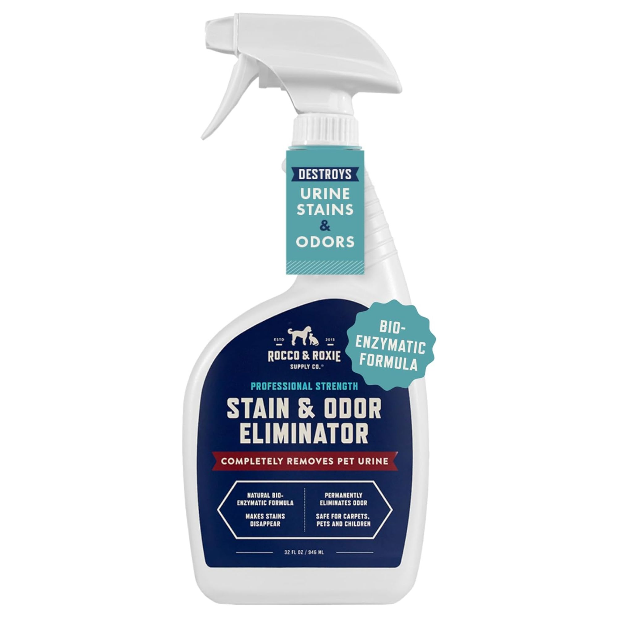 A side-on white spray bottle of Rocco &amp;amp; Roxie stain and odor eliminator