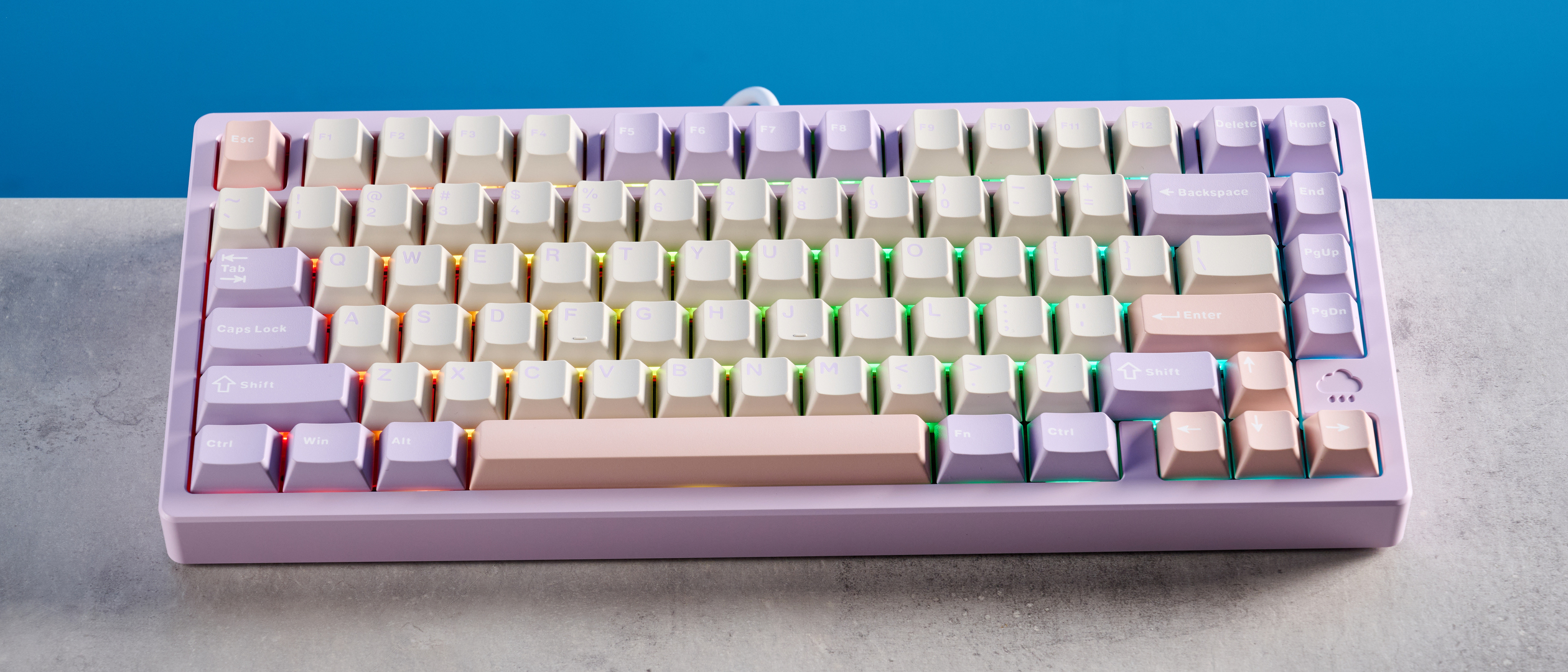 A purple Wobkey Rainy 75 Pro wireless mechanical keyboard with hot-swappable switches