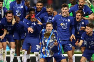 Chelsea players celebrate their Champions League final win over Manchester City in 2021.