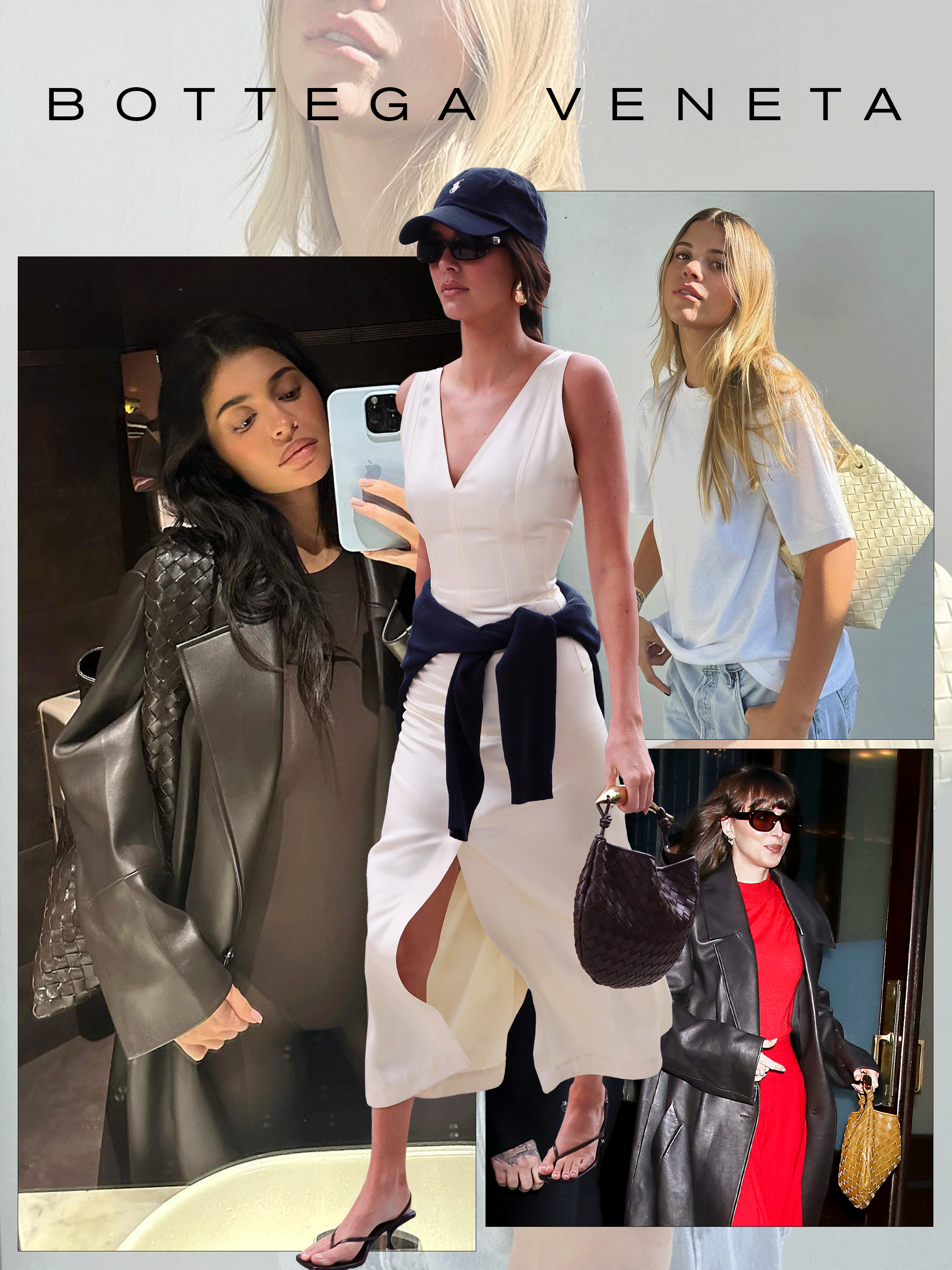 A collage of Kylie Jenner, Kendall Jenner, Sofia Richie Grainge, and Dakota Johnson wearing Bottega Veneta bags.