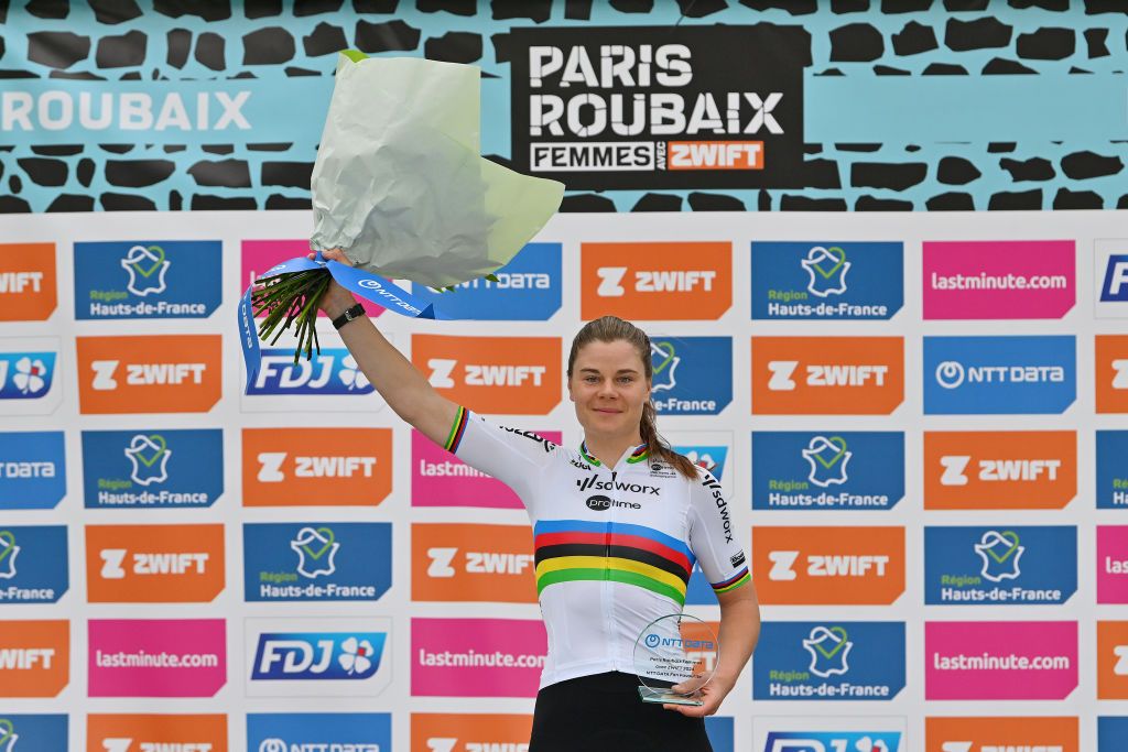 ROUBAIX FRANCE APRIL 06 Lotte Kopecky of Belgium and Team SD Worx Protime celebrates at podium as race winner during the 4th ParisRoubaix Femmes 2024 a 1485km one day race from Denain to Roubaix on UCIWWT April 06 2024 in Roubaix France Photo by Luc ClaessenGetty Images