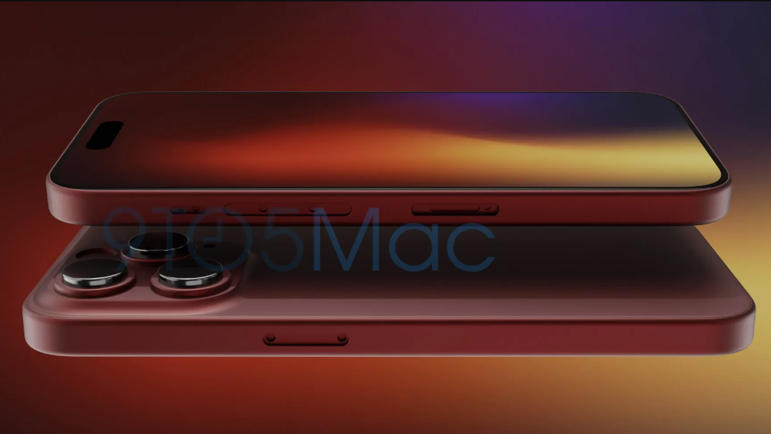 Un render del iPhone 15 Pro desde el lado izquierdo y derecho, en rojo oscuro