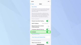 Safari Highlights toggled on 