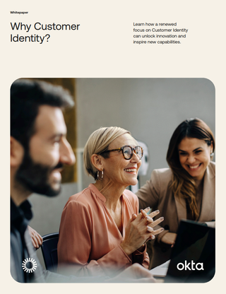 Why Customer Identity - Whitepaper cover with title and image of smiling colleagues of multi generations at a table