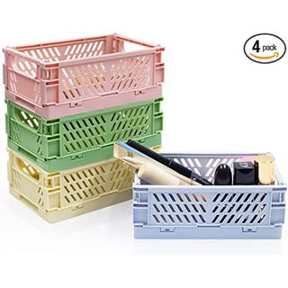 Xhwykzz 4 Pack Mini Pastel Crates for Storage, Small Plastic Baskets, Folding Colorful Crates for Bedroom Office Classroom Desktop Drawer Organizers (5.9x3.9x2.2in