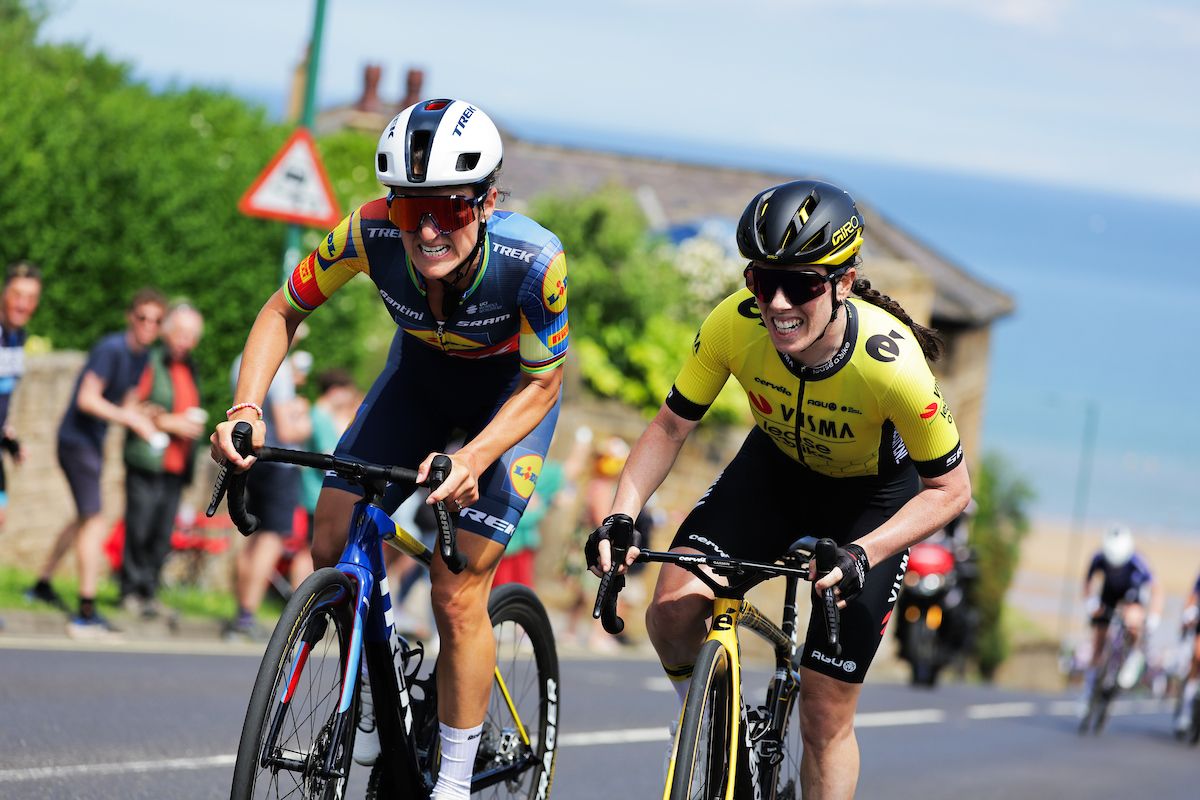 Picture by Alex Whitehead/SWpix.com - 23/06/2024 - British Cycling - 2024 Lloyds Bank National Road Championships - Womenâ€™s Road Race - Saltburn-by-the-Sea, North Yorkshire, England - Elizabeth Deignan of Lidl-TREK and Anna Henderson of TEAM VISMA - LEASE A BIKE battle it out for second and third on the Saltburn Climb