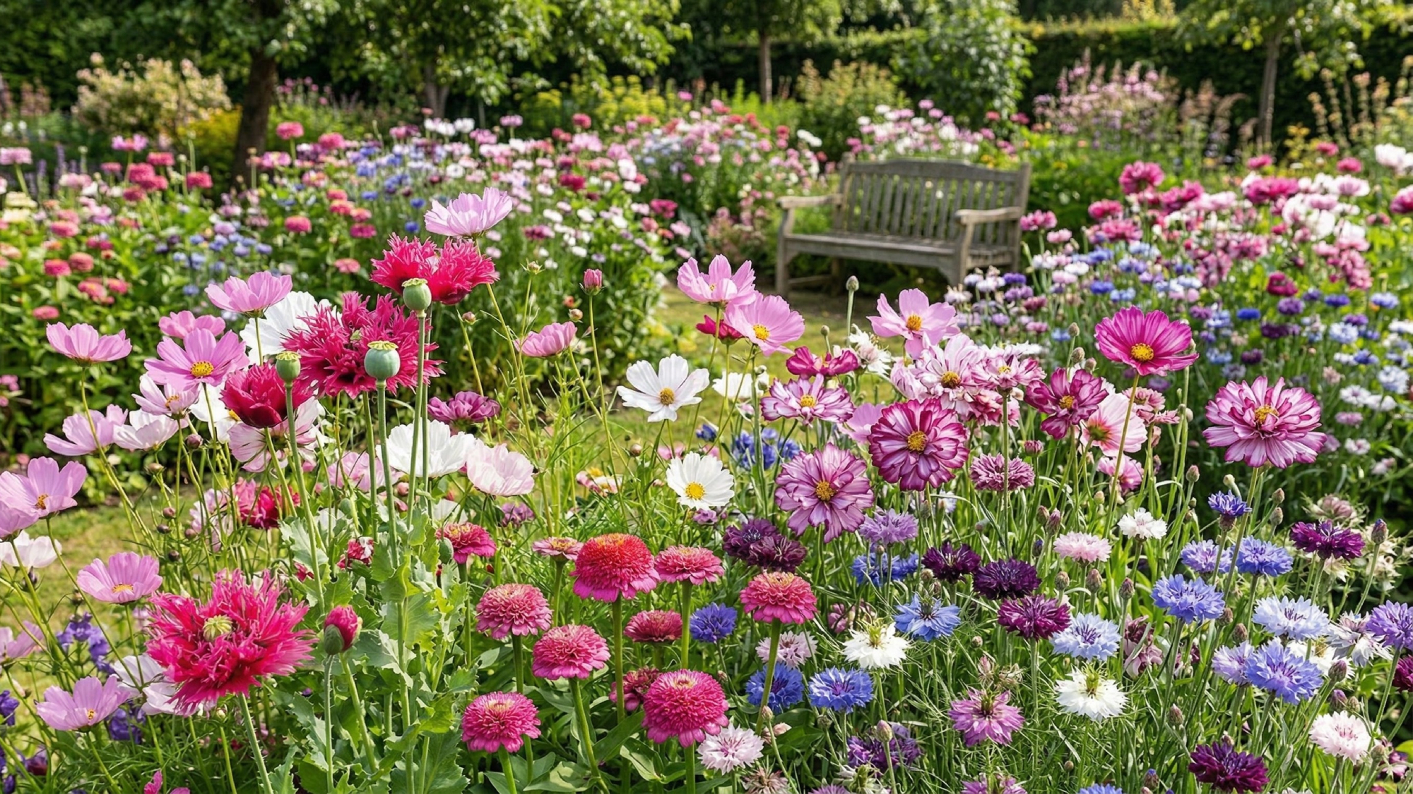 colorful annual flowers direct sown in a summer border