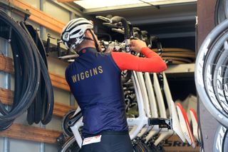 Team Wiggins checks out its bikes before the Tour de Normandie