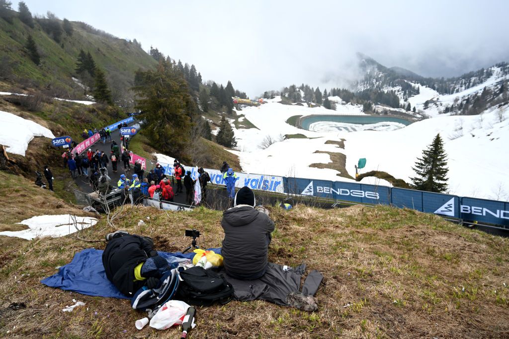 MONTE ZONCOLAN ITALY MAY 22 Snowy view of Monte Zoncolan finish area during the 104th Giro dItalia 2021 Stage 14 a 205km stage from Cittadella to Monte Zoncolan 1730m Fans Public Fog UCIworldtour girodiitalia Giro on May 22 2021 in Monte Zoncolan Italy Photo by Stuart FranklinGetty Images