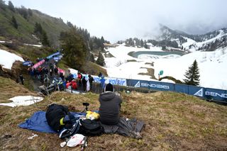 MONTE ZONCOLAN ITALY MAY 22 Snowy view of Monte Zoncolan finish area during the 104th Giro dItalia 2021 Stage 14 a 205km stage from Cittadella to Monte Zoncolan 1730m Fans Public Fog UCIworldtour girodiitalia Giro on May 22 2021 in Monte Zoncolan Italy Photo by Stuart FranklinGetty Images