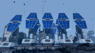 StarRupture connect power: A row of five solar panels next to eachother in a rocky, alien environment.