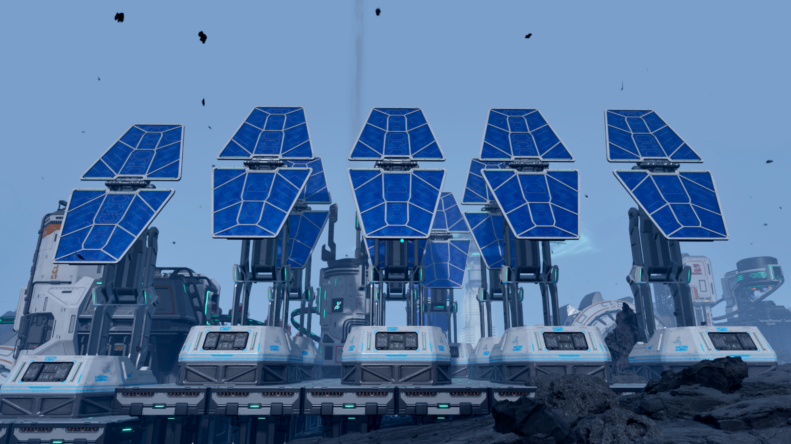 StarRupture connect power: A row of five solar panels next to eachother in a rocky, alien environment.