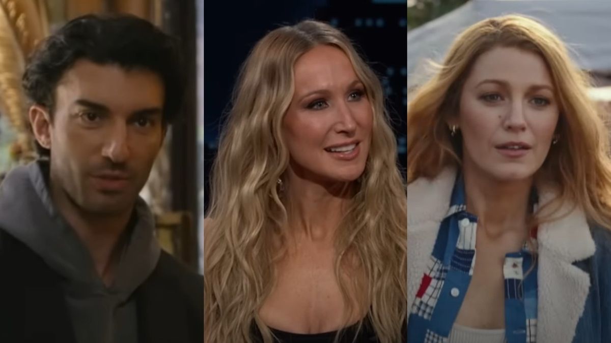 From left to right: Justin Baldoni as Ryle in It Ends With Us, Nikki Glaser talking on Jimmy Kimmel Live and Blake Lively walking in It Ends With Us as Lily. 