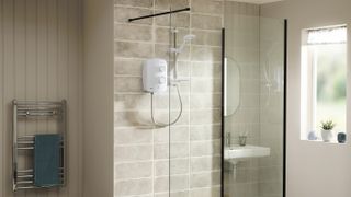 white power shower with beige tiles