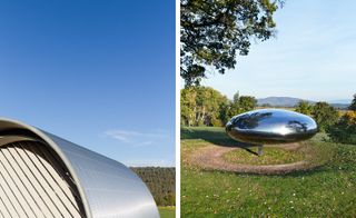 Two images. Left, the curved silver roof of Jean Nouvel’s high-tech wine-making buildings for Château La Coste. Right, Tom Shannon’s sculpture Drop 2009, a silver oval shaped object above green grass.