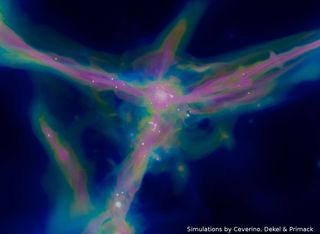 This is a numerical simulation of galaxies that are forming in the distant universe. The two pristine gas clouds could sit in one of the filamentary regions around galaxies as represented in this simulation.