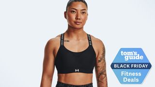 Under Armour Infinity High sports bra in black with Black Friday deal badge bottom right