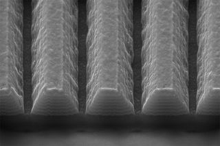 Ion beam lithography sculpts the tapered shape into the novel thin film made from silver and silicon dioxide.
