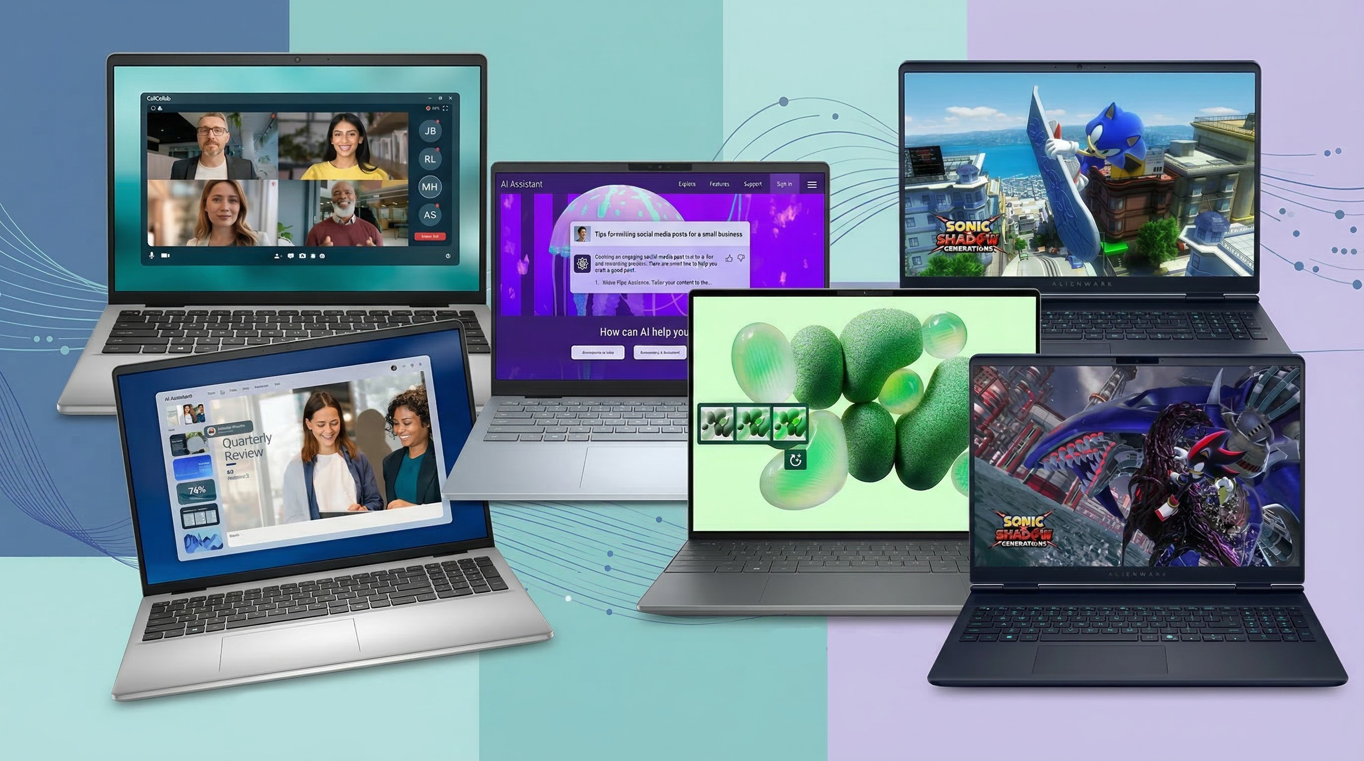 Several Dell laptops arranged on a multi-coloured background