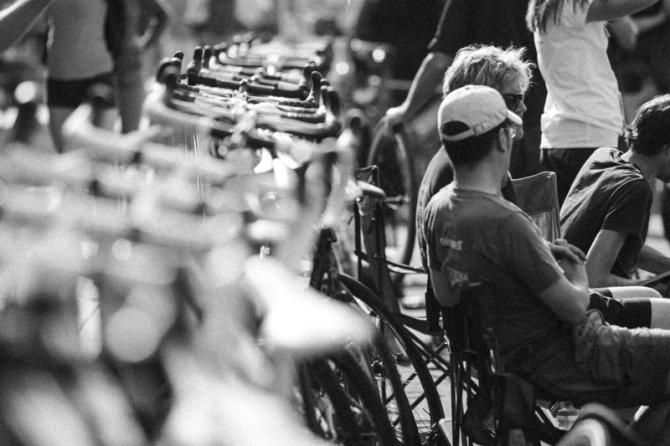 Bikes and mechanics wait for anything that may come up