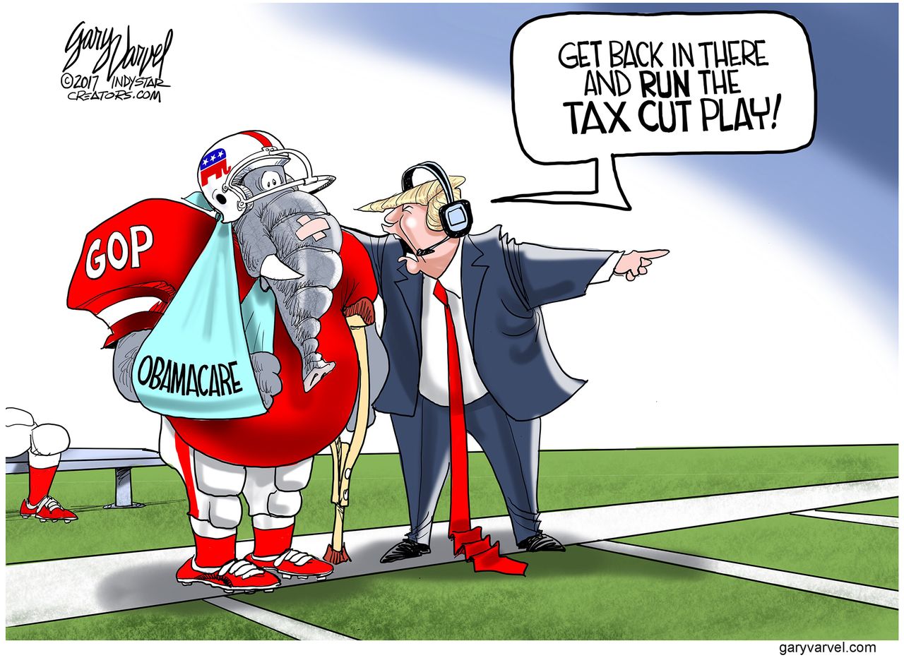 Political cartoon U.S. Obamacare GOP repeal and replace tax cuts Trump