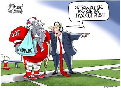 Political cartoon U.S. Obamacare GOP repeal and replace tax cuts Trump