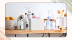 Floating wooden shelf filled with cleaning products to support the one-minute cleaning rule